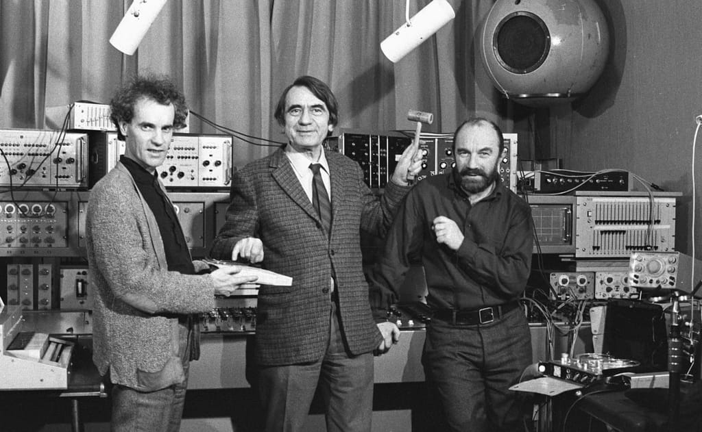 François Bayle, Pierre Schaeffer, Bernard Parmegiani at GRM in Paris, 1972